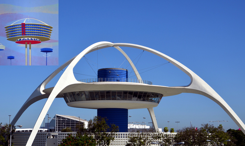 Jetson apartment building shown next to Theme Building at Los Angeles Airport