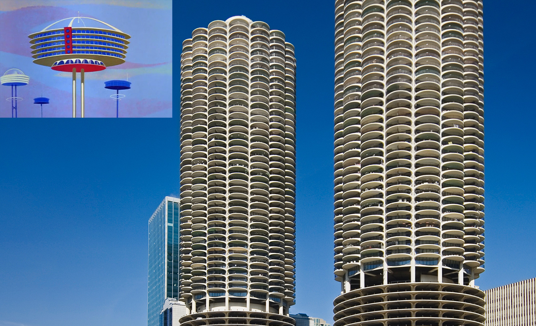 Jetson apartment building shown next to Chicago's Marina City