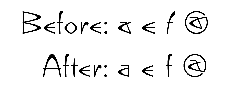 altered characters before and after: a, e, f @