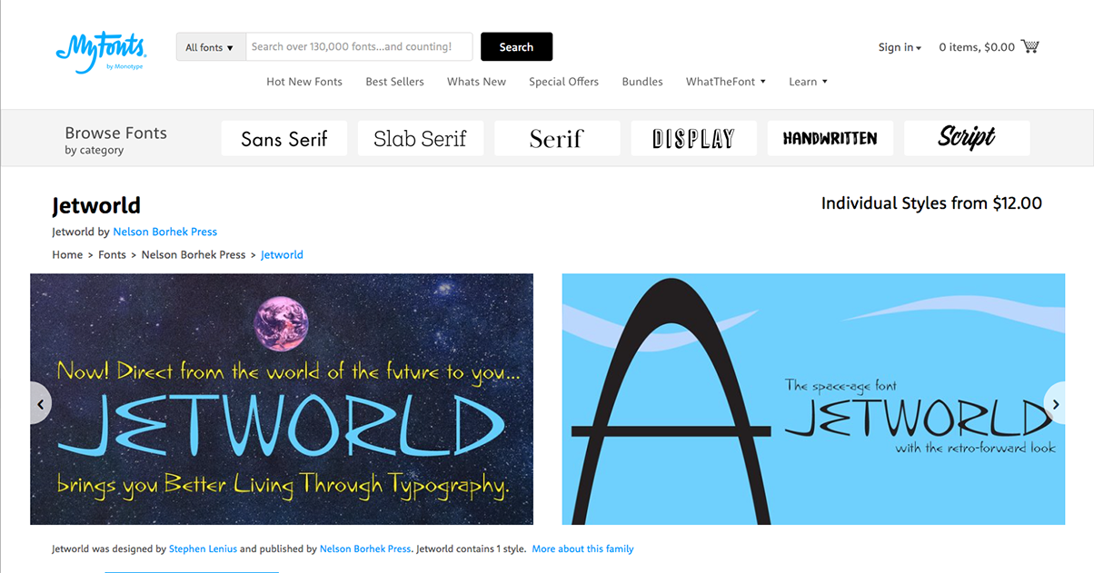 Jetworld font page at MyFonts.com