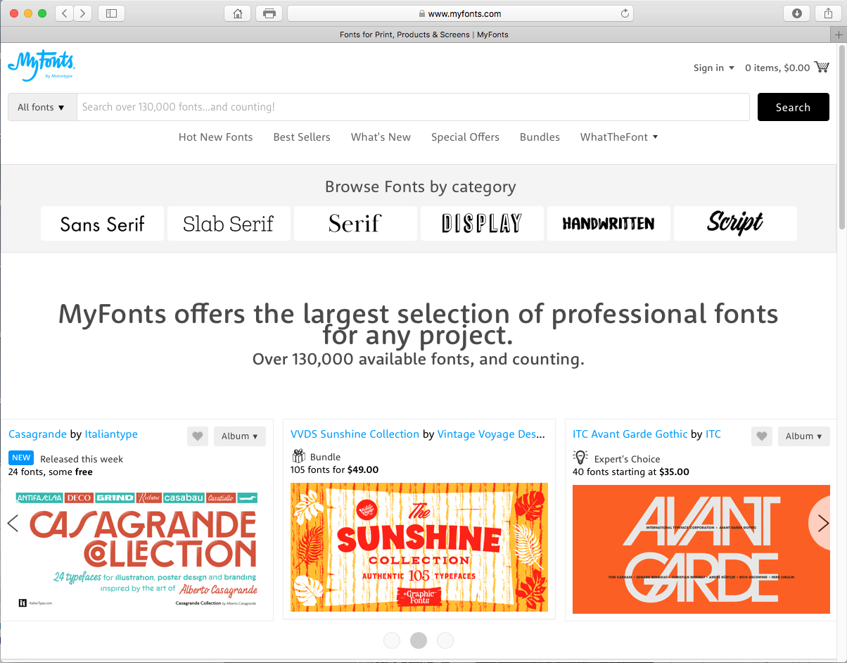 MyFonts.com home screen