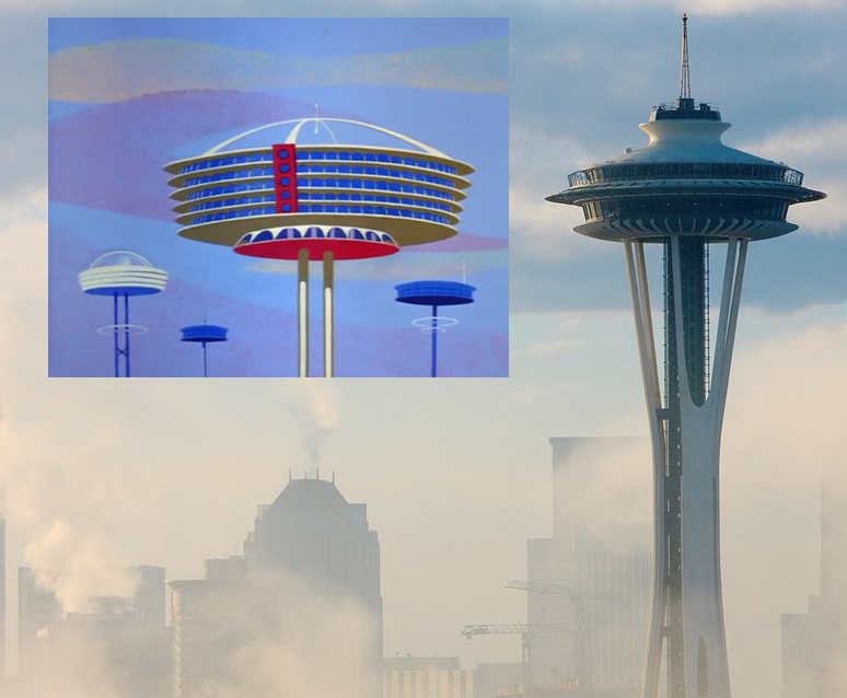 Jetson apartment building shown next to Seattle's Space Needle